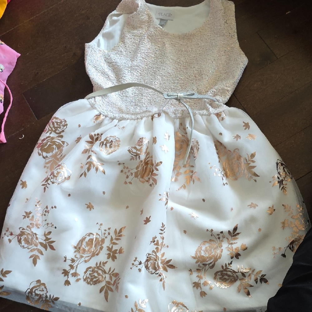 Charming White and Gold Kids Dress